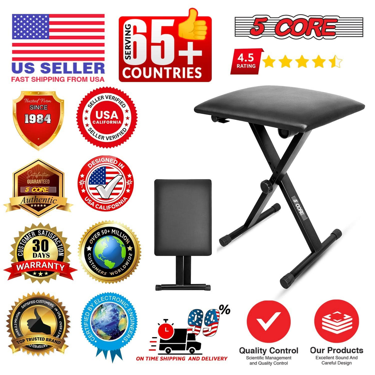 5 Core Keyboard Bench 2 Inch Padded Cushioned Piano Stool Height Adjustable 19" Guitar Seat Portable