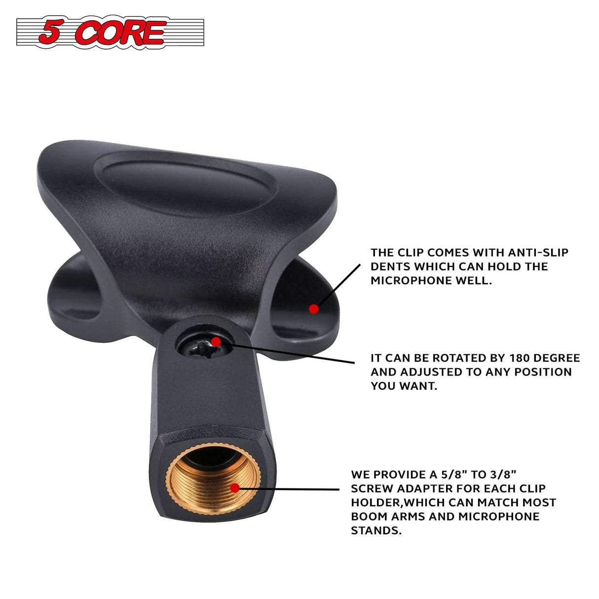 5 Core Microphone Clip Holder 2 Pieces with Screw Adapters 5/8 to 3/8 Inch