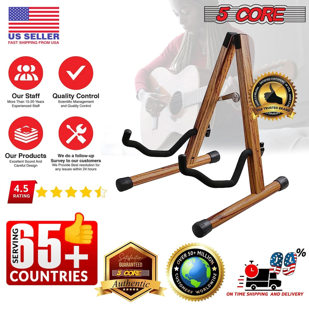 Reliable and adjustable 5Core floor stand for bass, acoustic, and electric guitars