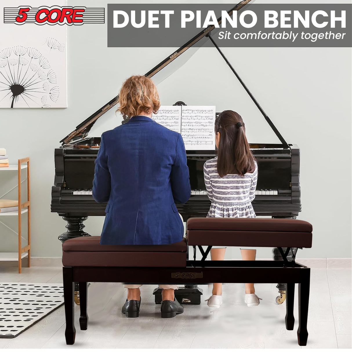 5 Core Duet Piano Bench 3.5 Inch Padded Cushioned Stool Wooden Heavy Duty Musician Chair w Storage