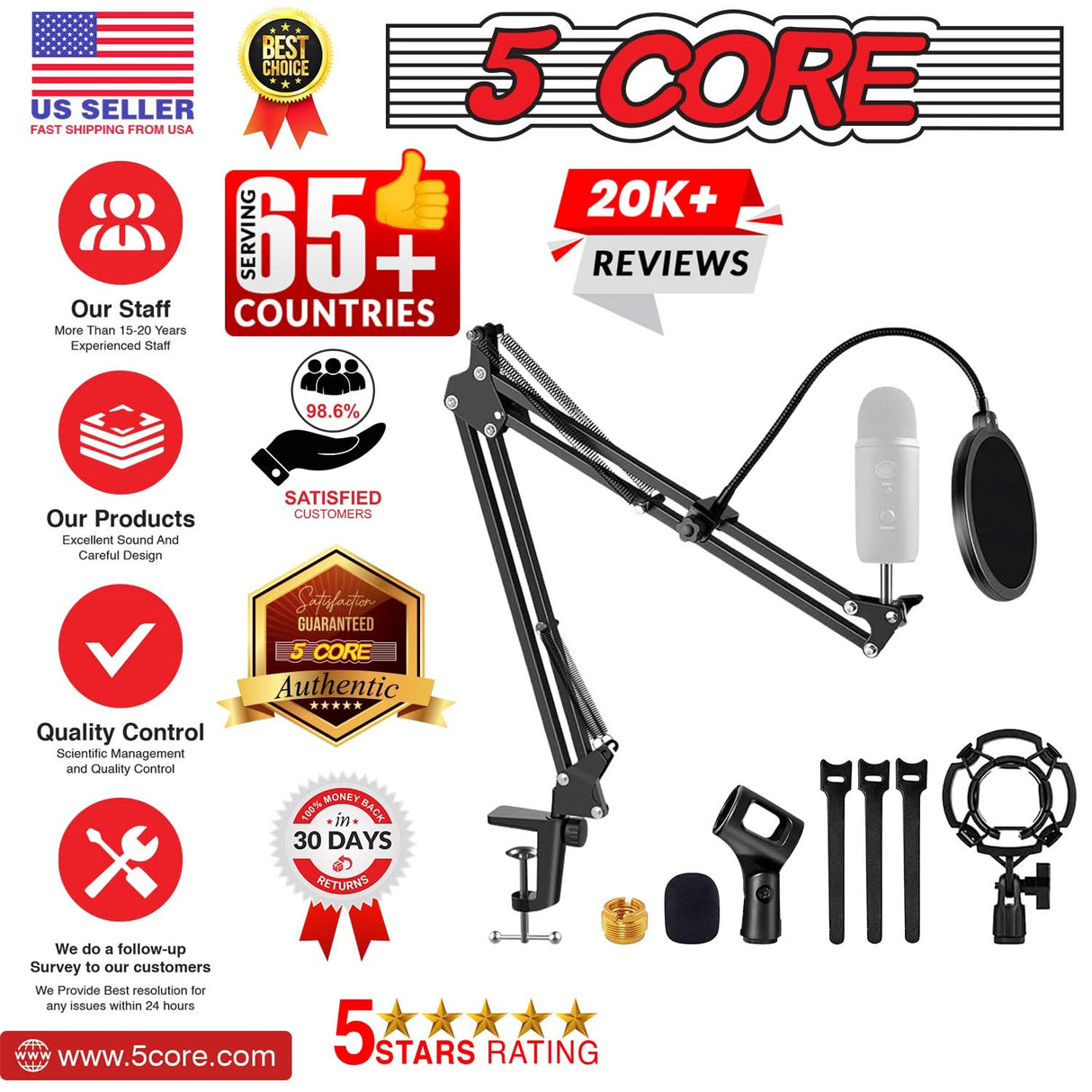 5Core Boom Arm Microphone Stand with clamp studio desk view