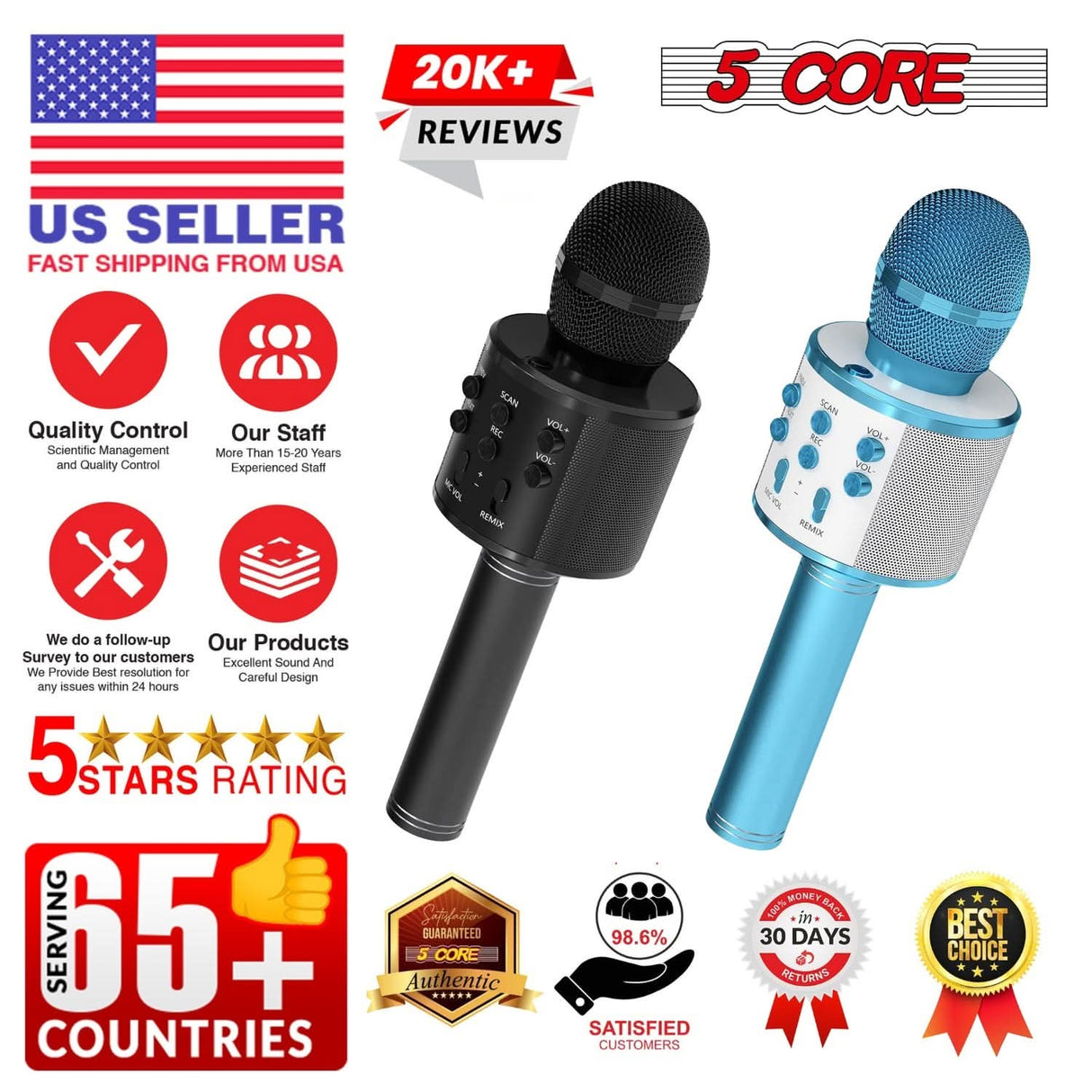 5 Core Microphone Wireless Karaoke Mic With Speaker 3 in 1 Portable Bluetooth Microfono Inalambrico BLACK & BLUE