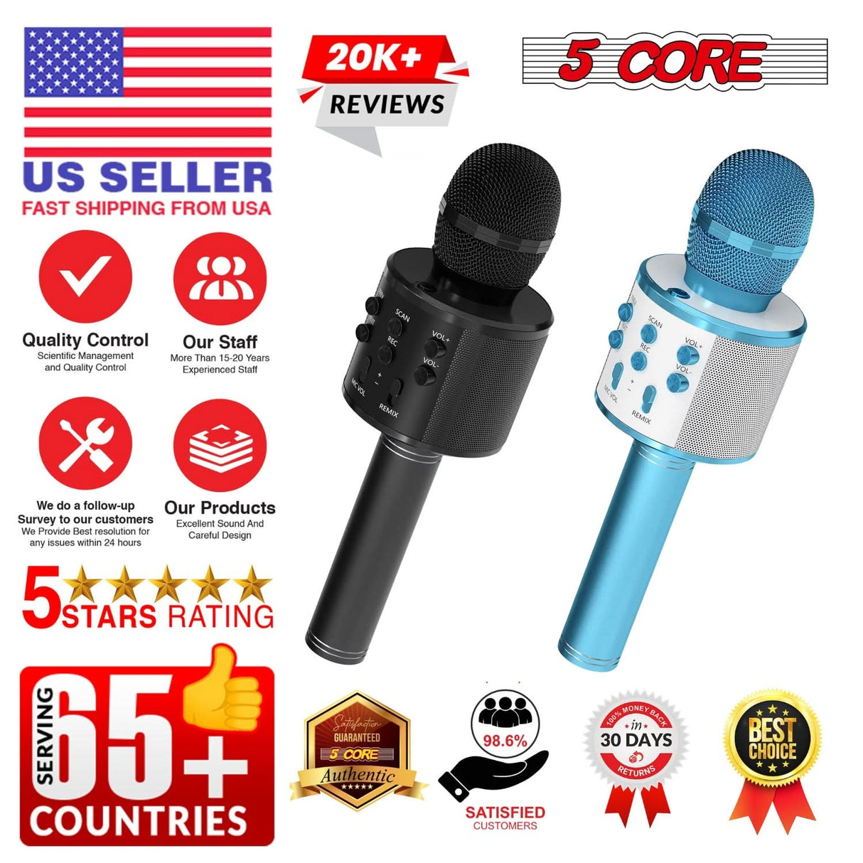5 Core Microphone Wireless Karaoke Mic With Speaker 3 in 1 Portable Bluetooth Microfono Inalambrico BLACK & BLUE