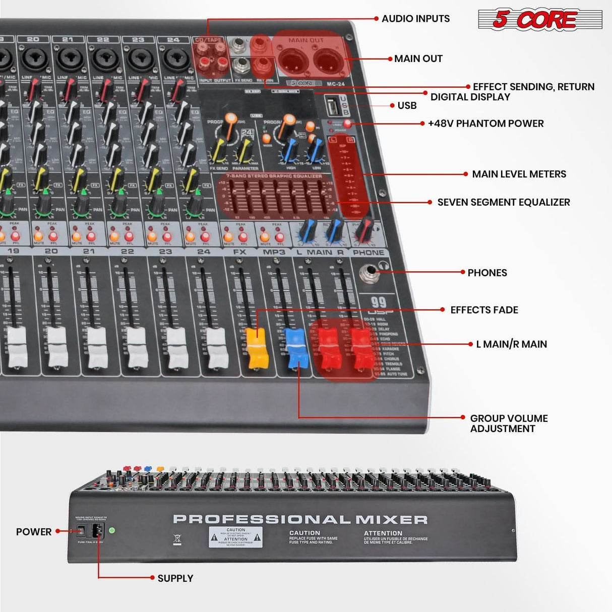 5Core audio mixer with 24 channels, Bluetooth, USB, PA system support, and analog mixing for DJs