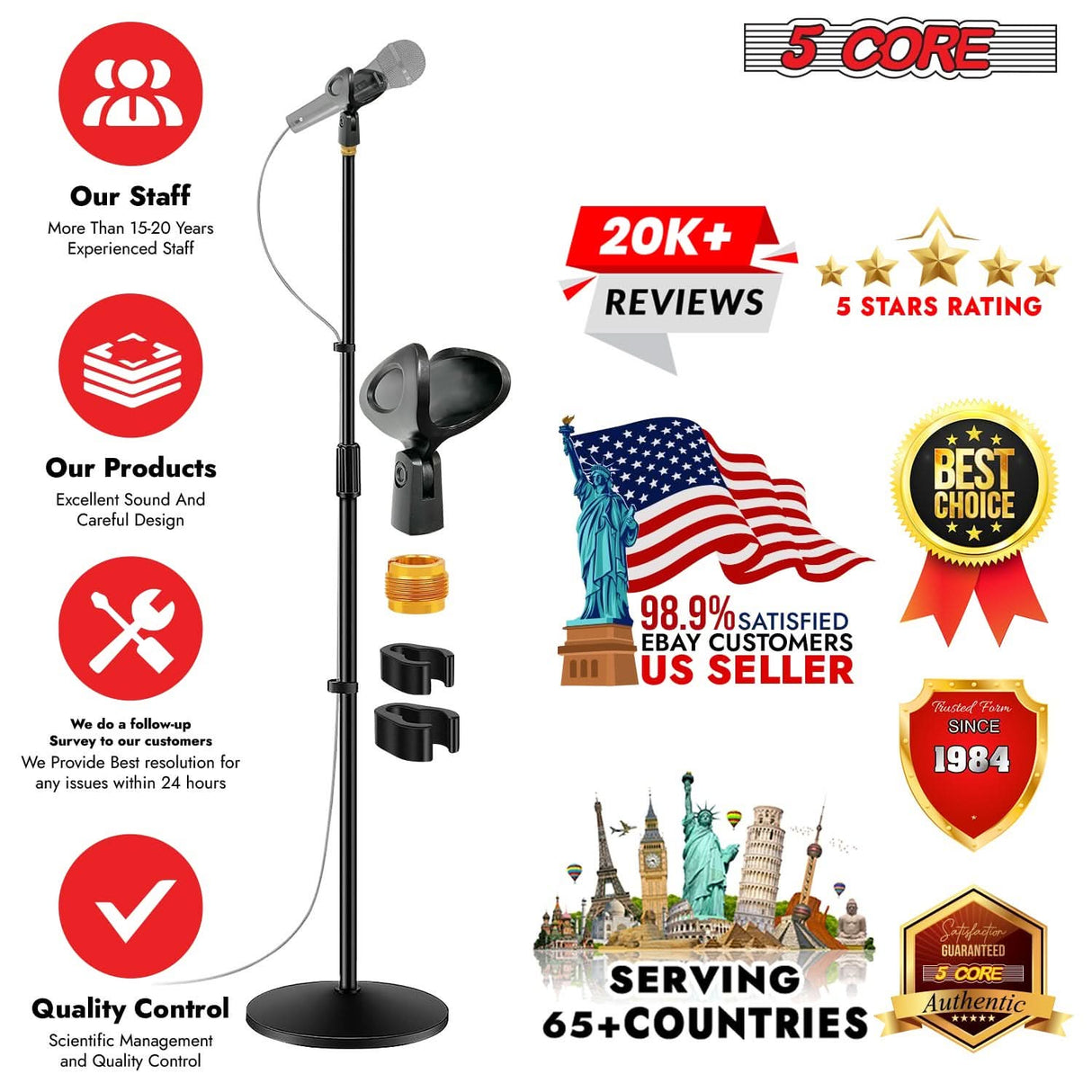 5 Core Mic Stand Pair Round Base Height Adjustable Universal Microphone Mount Stands