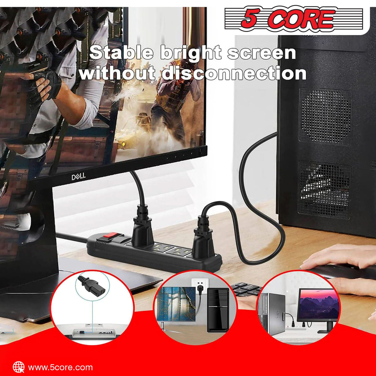 5Core AC Power Cord 7A rated flexible cable full length view