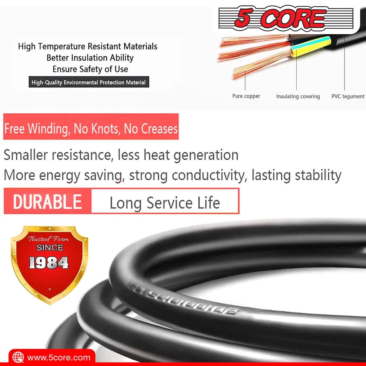 5Core AC Power Cord 125V rated extension wire side angle view