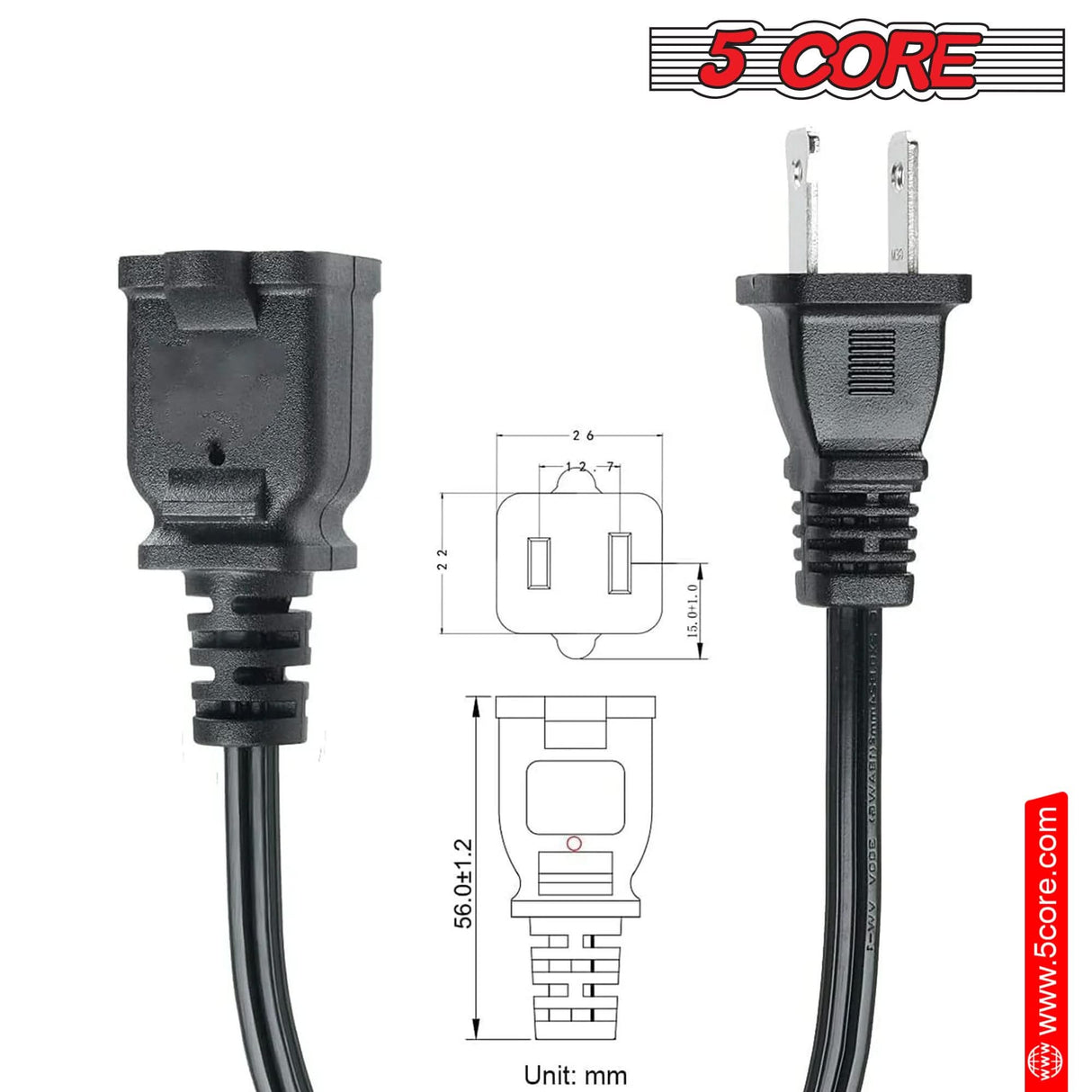 Household 2 prong extension cable with 16AWG durable build