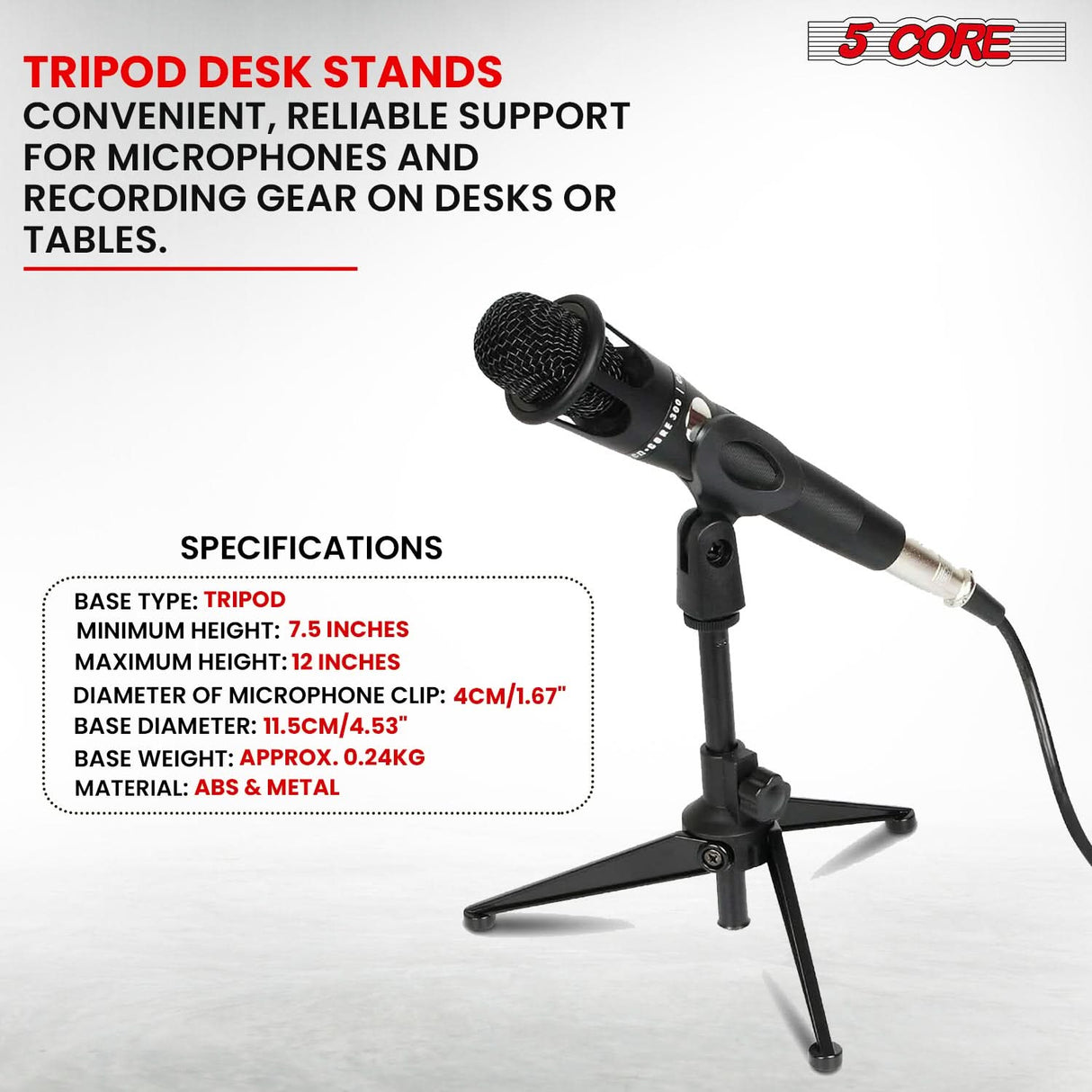 5 Core desk mic stand metal tripod base detailed view