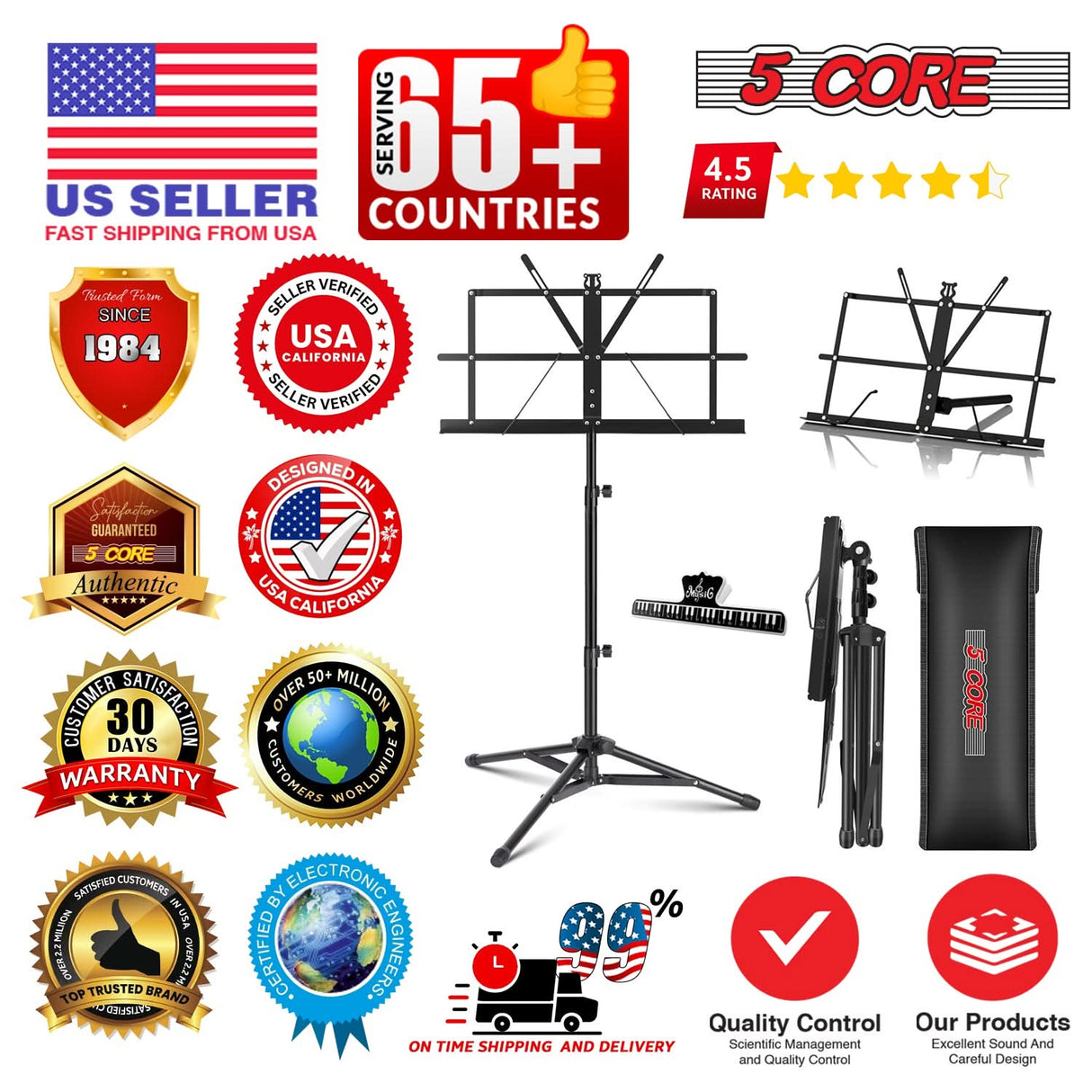 5 Core Music Stand Adjustable 57" Desktop Book Stands Sheet Holder All Metal Portable Bookstand