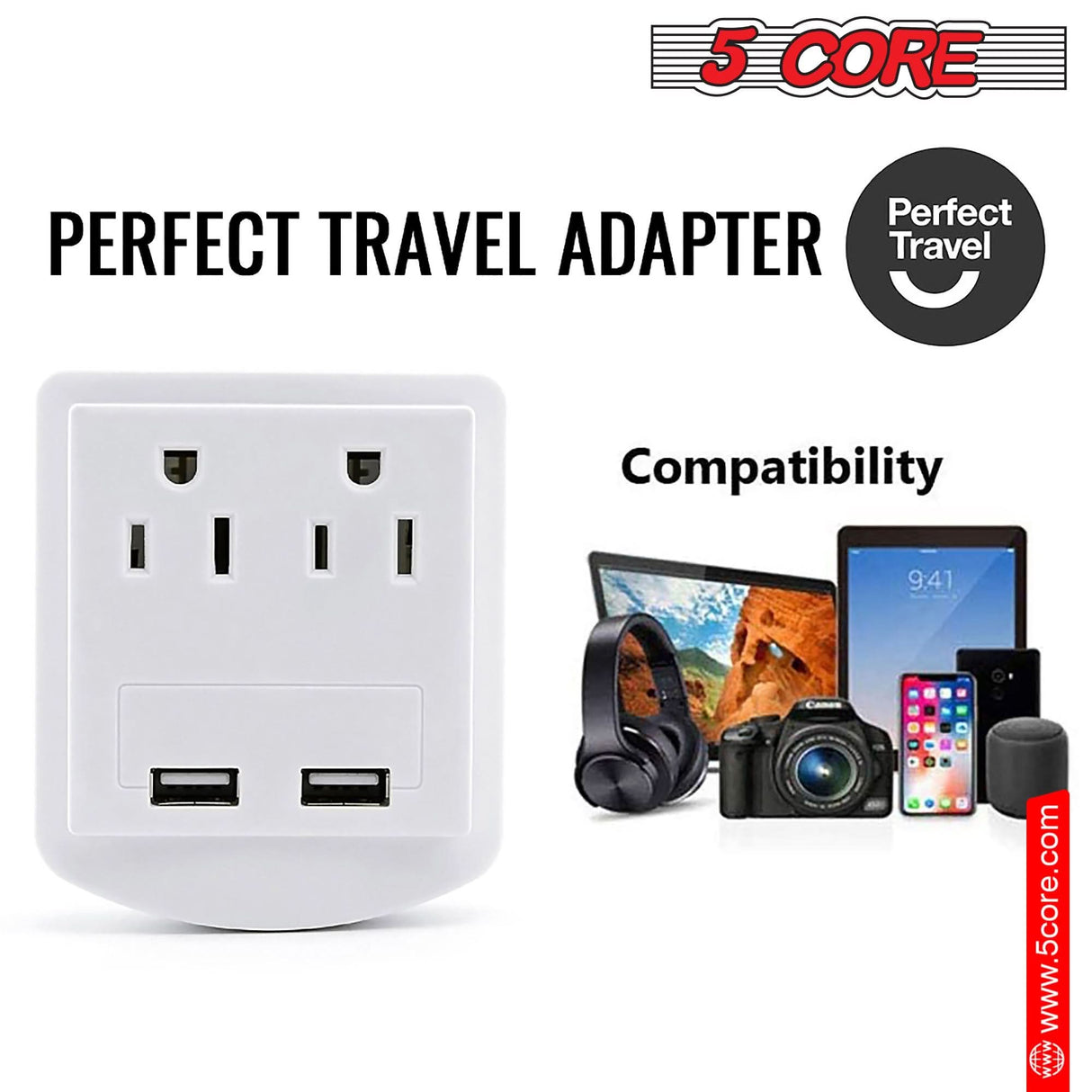 5 Core Travel Plug Adapter European International Power Plug w/ 2 USB, 2 Outlet Surge Protector Adaptor Charger