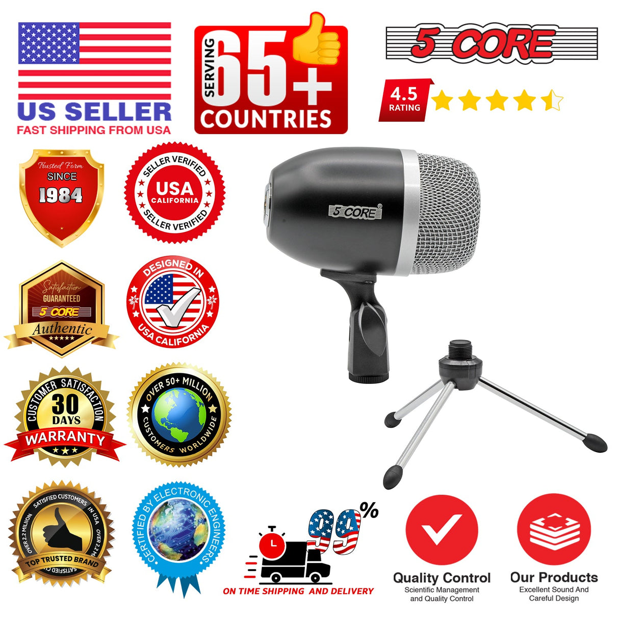 5Core Tom Snare Mic Cardioid Dynamic Microphone for Drum Kit Percussion Instrument BLACK