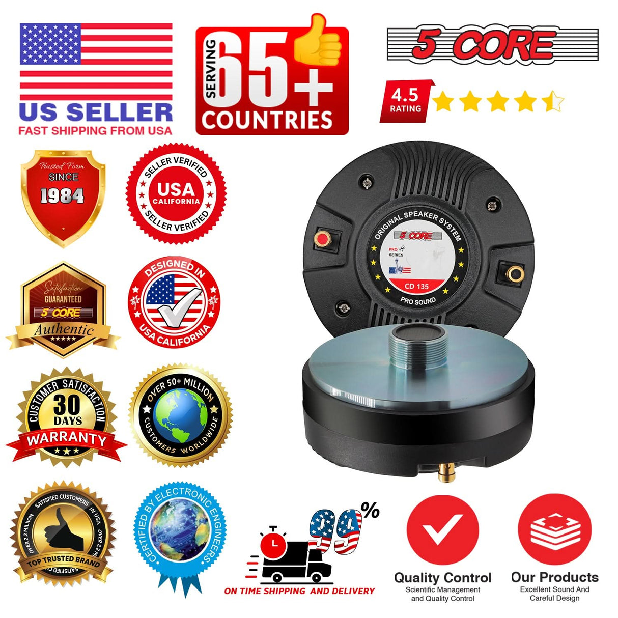 5 Core Compression Driver 2Pc 1″ PA Horn Tweeter Pro Audio 2000W 2″ Voice Coil 33 OZ Magnet 8Ohm
