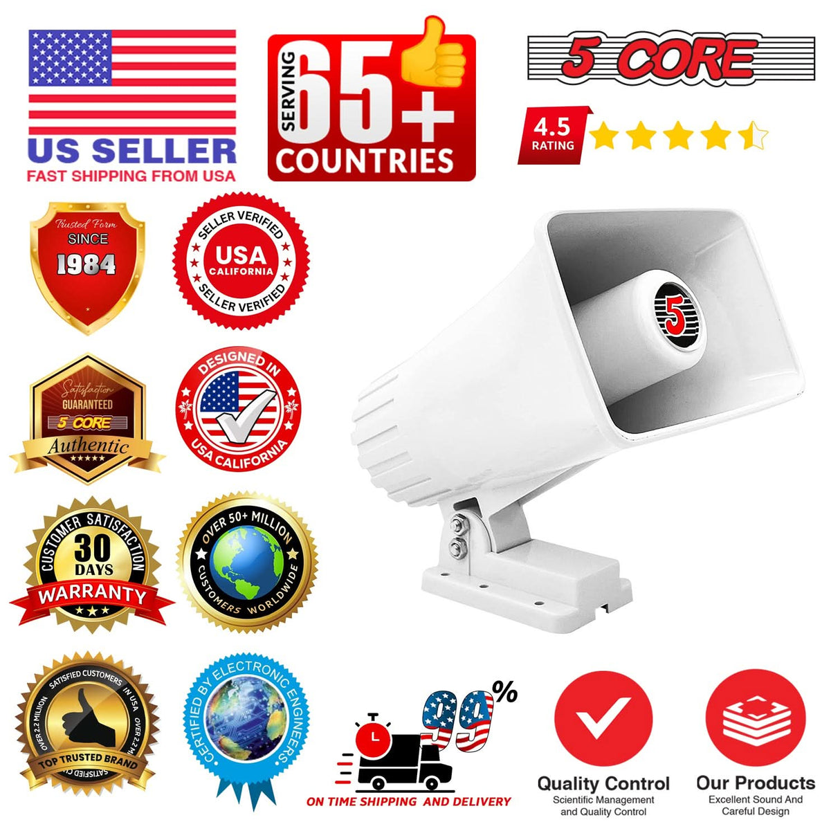5 Core 6 Inch PA Horn 200W Loud Speaker Pair Bull Horn Loud Audio 8Ohm All Weather Indoor Outdoor
