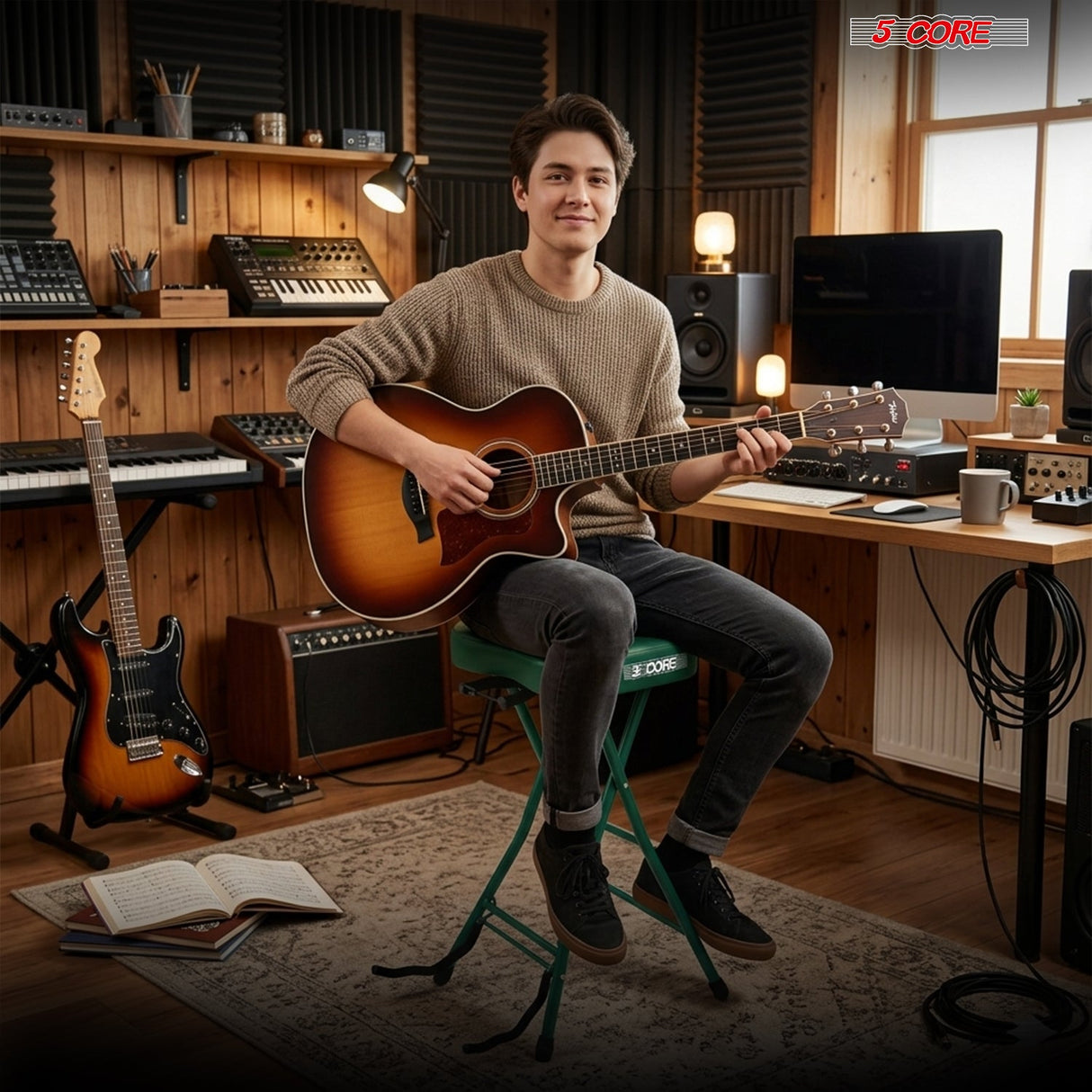 5Core Guitar Stool 3.15" Padded Chair Foldable Heavy Duty Music Seat Built in Foot Rest Guitar Stand