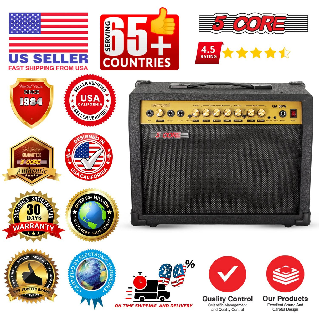 5 Core Guitar Amp 50 Watt Electric Amplifier w Built in 8" Speaker Portable Mini Amps w Aux