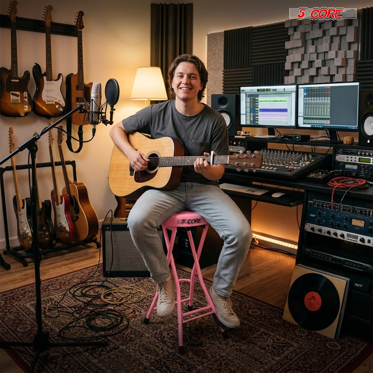 5 Core Guitar Stool 3.15" Padded Chair Foldable Music Seat w Built in Foot Rest Guitar Stand