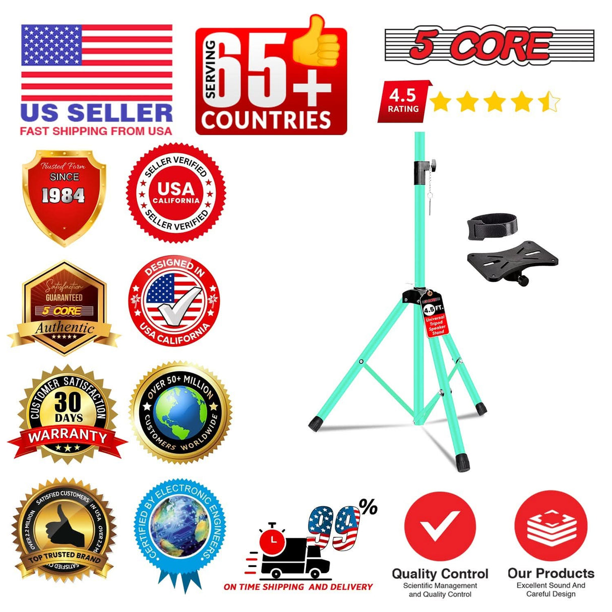 5 Core Speaker Stand Adjustable 31 to 54" PA DJ Tripod Stands Heavy Duty w 35mm Insert 132 Lbs