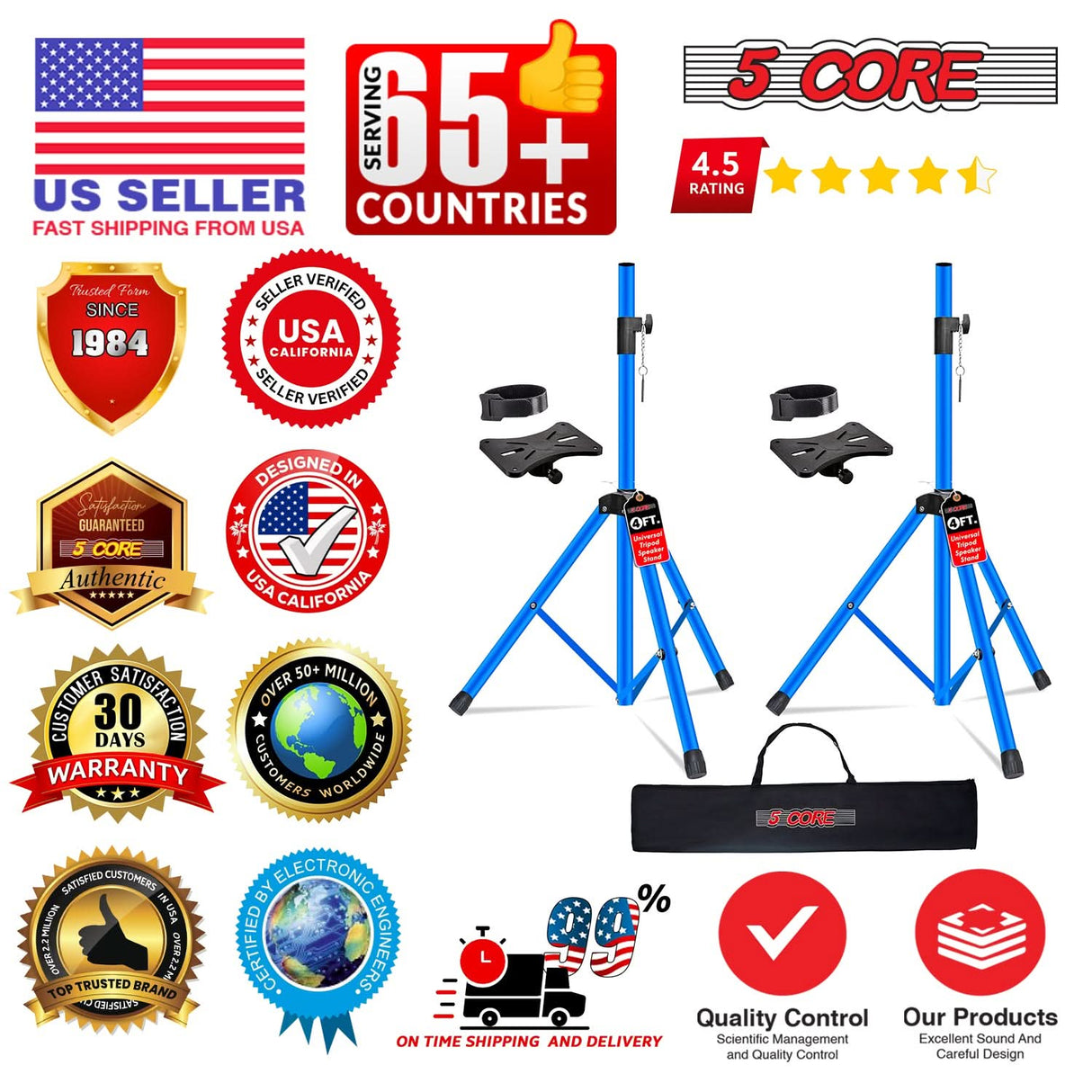 5 Core Speaker Stand Tripod Pair Heavy Duty Adjustable 48" Universal Mount for PA DJ Studio w Bag