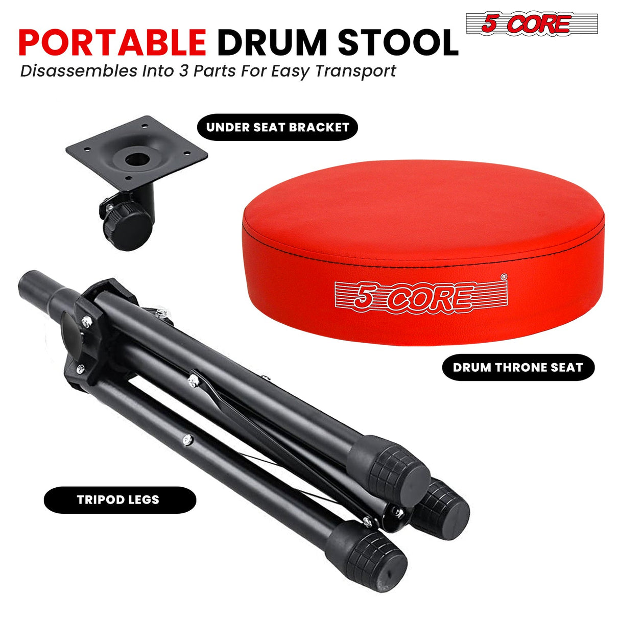 5 Core Drum Throne 3" Thick Padded Memory Foam Comfortable Drummer Stool 330Lb Capacity Adjustable