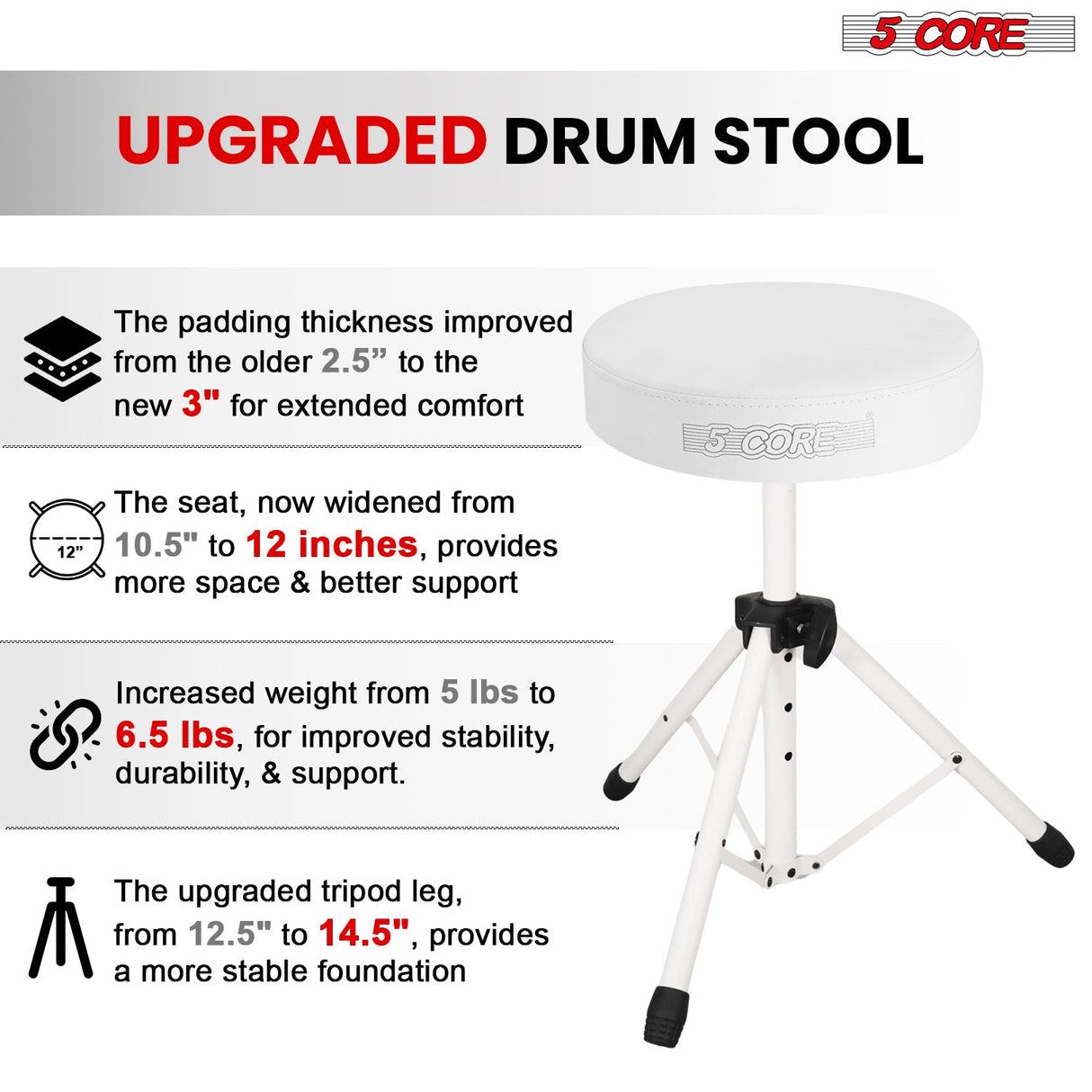 5 Core Drum Throne 3" Thick Padded Memory Foam Comfortable Drummer Stool 330Lb Capacity Adjustable