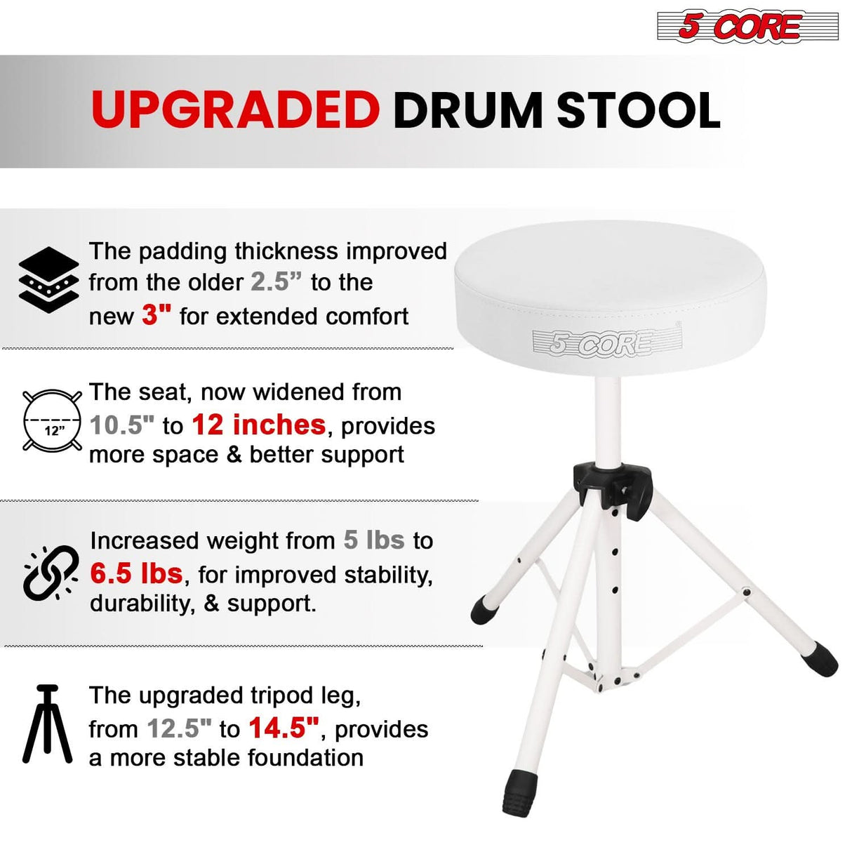 5 Core Drum Throne 3" Thick Padded Memory Foam Comfortable Drummer Stool 330Lb Capacity Adjustable