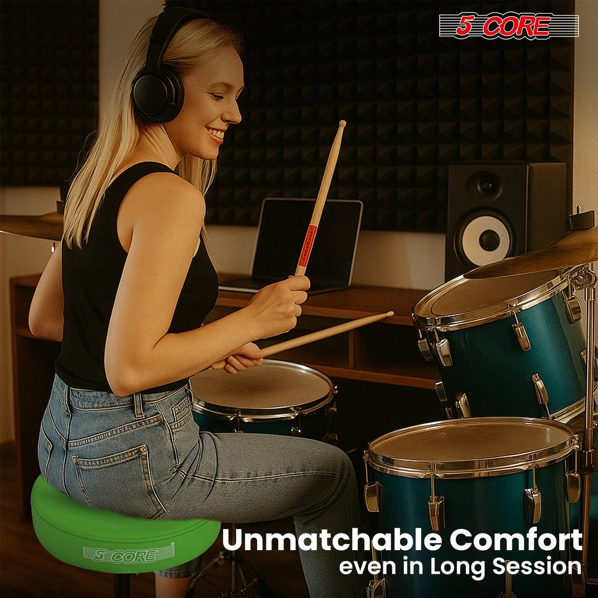 5 Core Drum Throne 3" Thick Padded Memory Foam Comfortable Drummer Stool 330Lb Capacity Adjustable