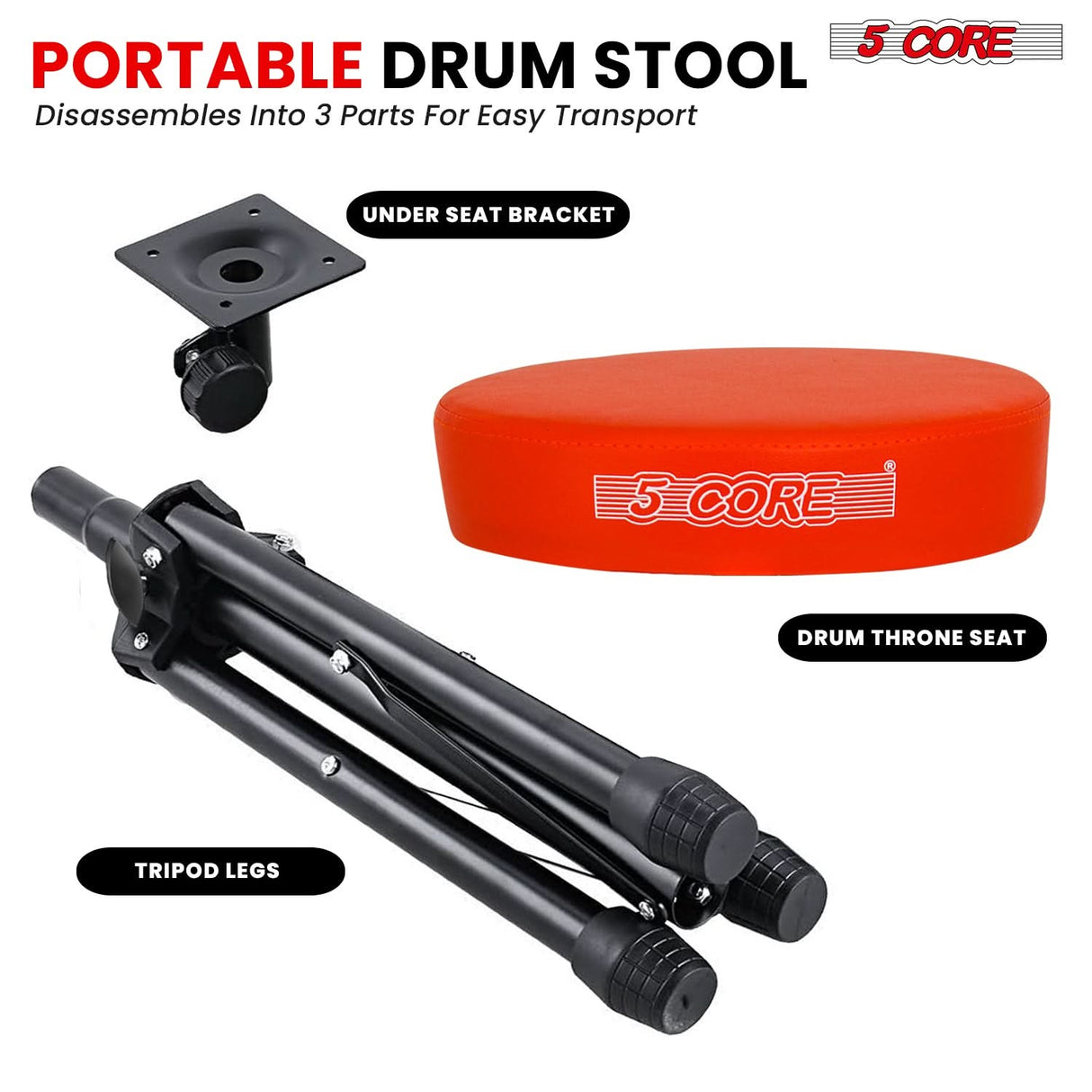 5 Core Drum Throne 3" Thick Padded Memory Foam Comfortable Drummer Stool 330Lb Capacity Adjustable