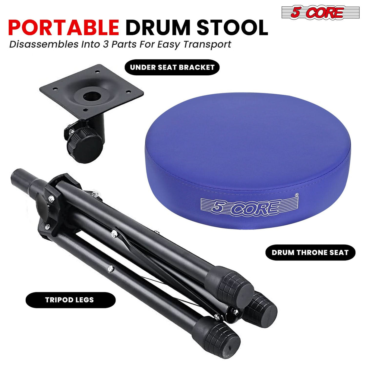 5 Core Drum Throne 3" Thick Padded Memory Foam Comfortable Drummer Stool 330Lb Capacity Adjustable