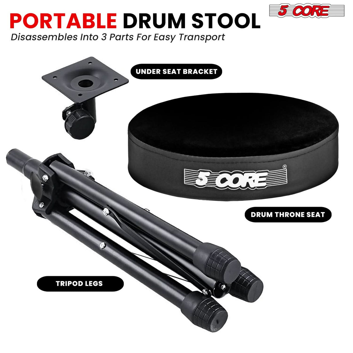 5 Core Drum Throne 3" Thick Padded Memory Foam Comfortable Drummer Stool 330Lb Capacity Adjustable