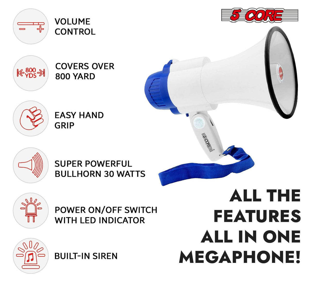 5 Core Megaphone 30W Bull Horn PA Speaker w 800 Yards Range Loud Siren Voice Amplifier Portable
