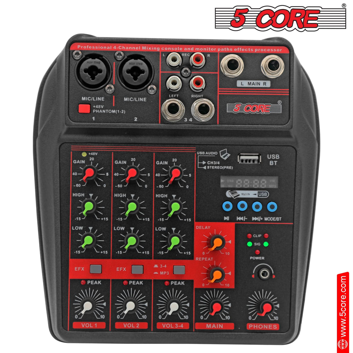 5Core Audio Mixer 4 Channel DJ Soundboard USB Interface Bluetooth Mixing Console w Repeat Delay +48V