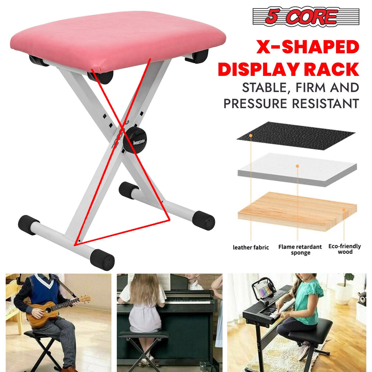 5 Core adjustable keyboard bench padded guitar seat view