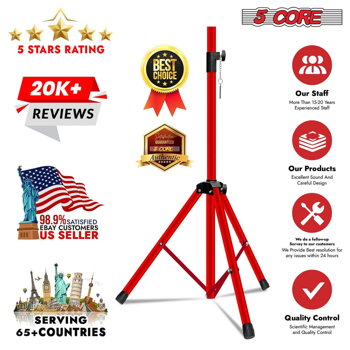 5Core Speaker Stand Tripod 2Pcs Tall Adjustable 72 Inch DJ Studio Monitor Stands Pole Mount