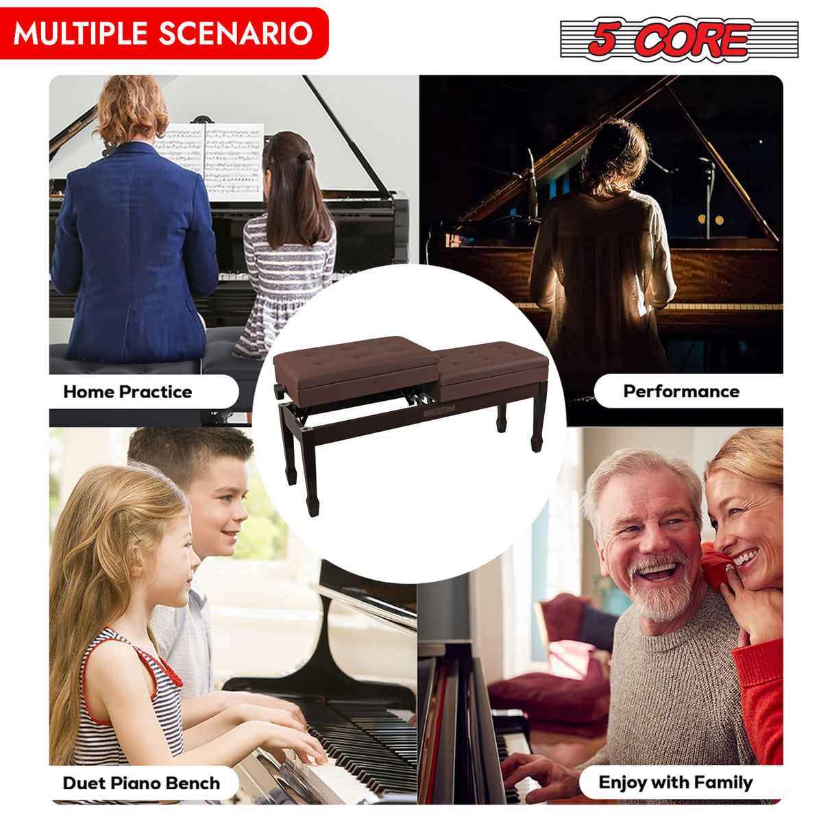 5 Core Duet Piano Bench 3.5 Inch Padded Cushioned Stool Wooden Heavy Duty Musician Chair w Storage