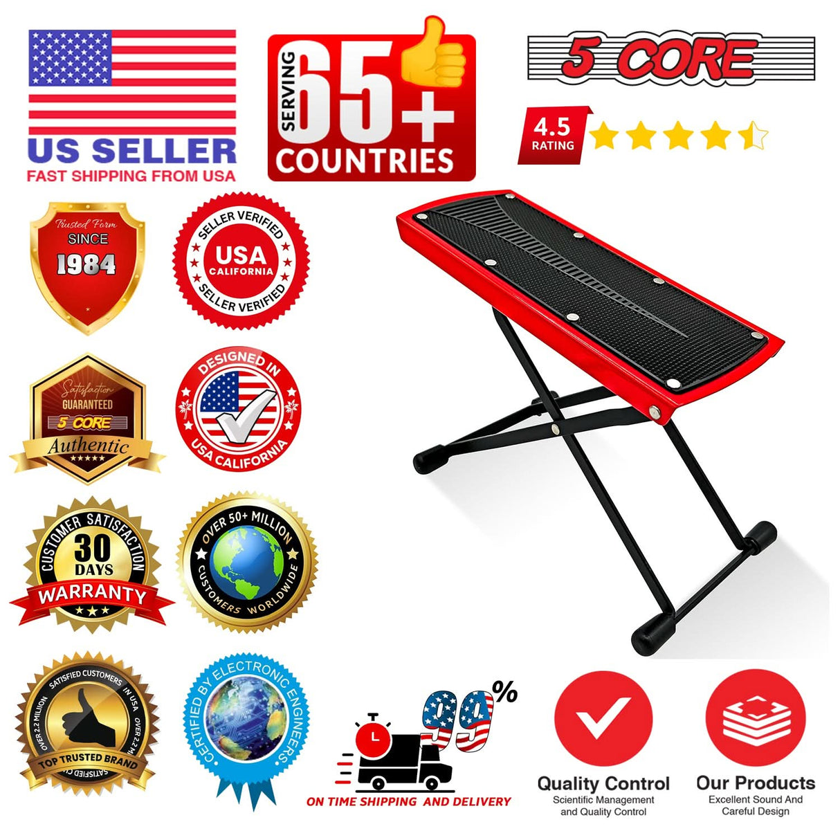 5Core Guitar Foot Stool Height Adjustable Folding Leg Rest Classical Footrest
