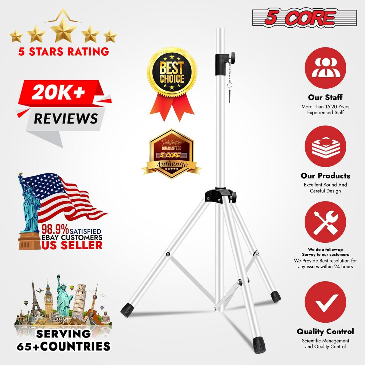 5Core Speaker Stand Tripod 2Pcs Tall Adjustable 72 Inch DJ Studio Monitor Stands Pole Mount