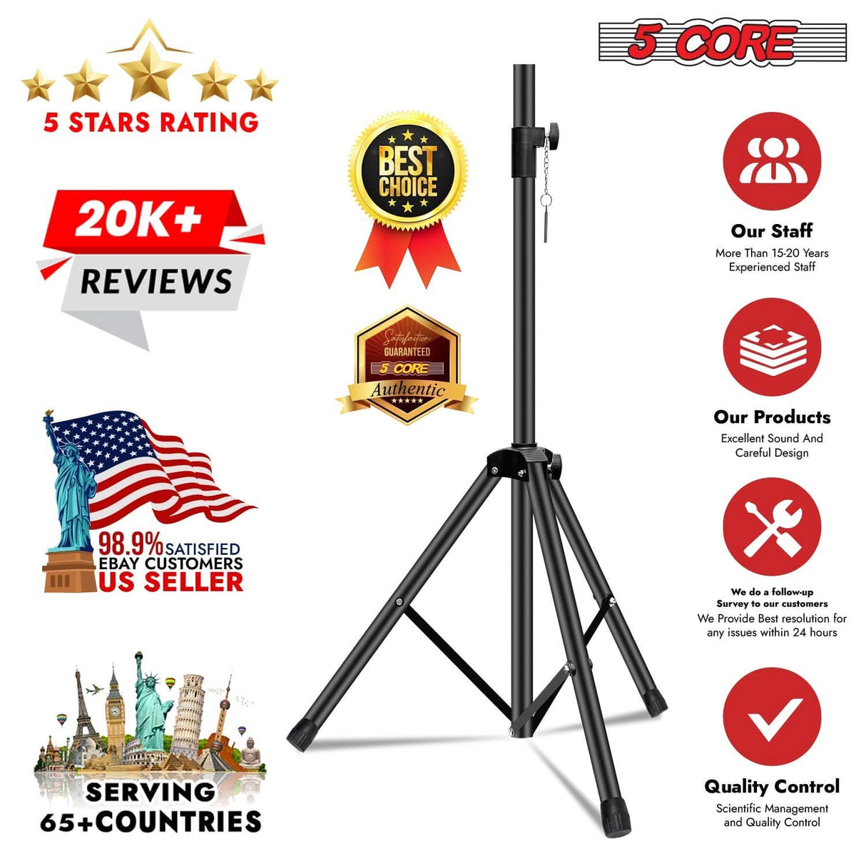 5Core Speaker Stand Tripod 2Pcs Tall Adjustable 72 Inch DJ Studio Monitor Stands Pole Mount