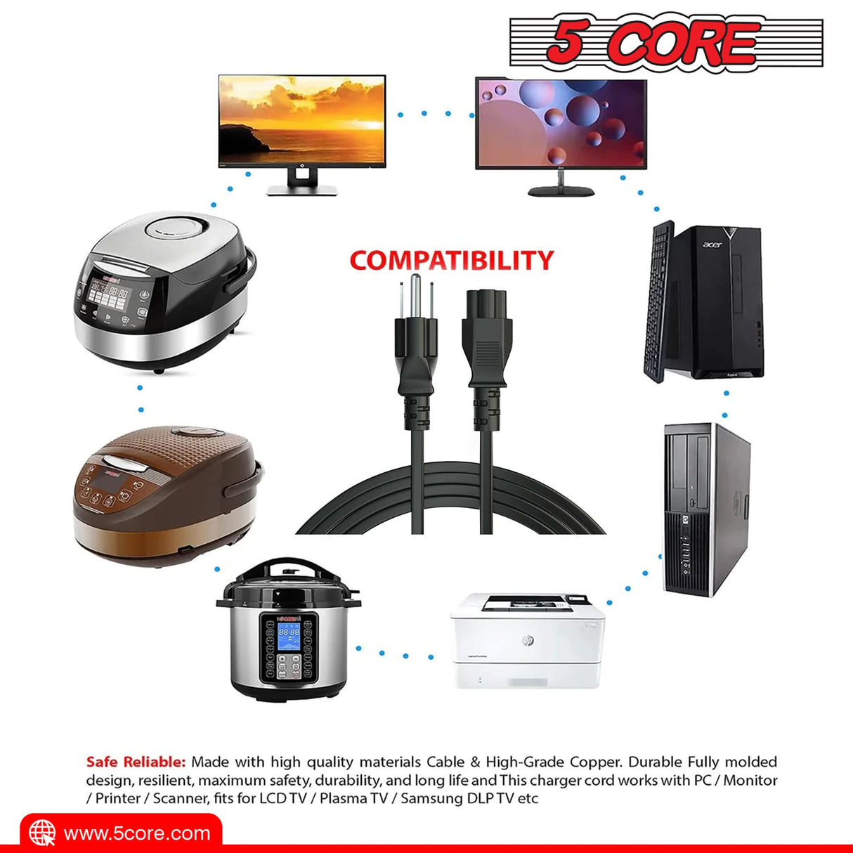 5Core AC Power Cord 6Ft 3 Prong US Male to Female Extension Adapter 18AWG 10A 7A 125V