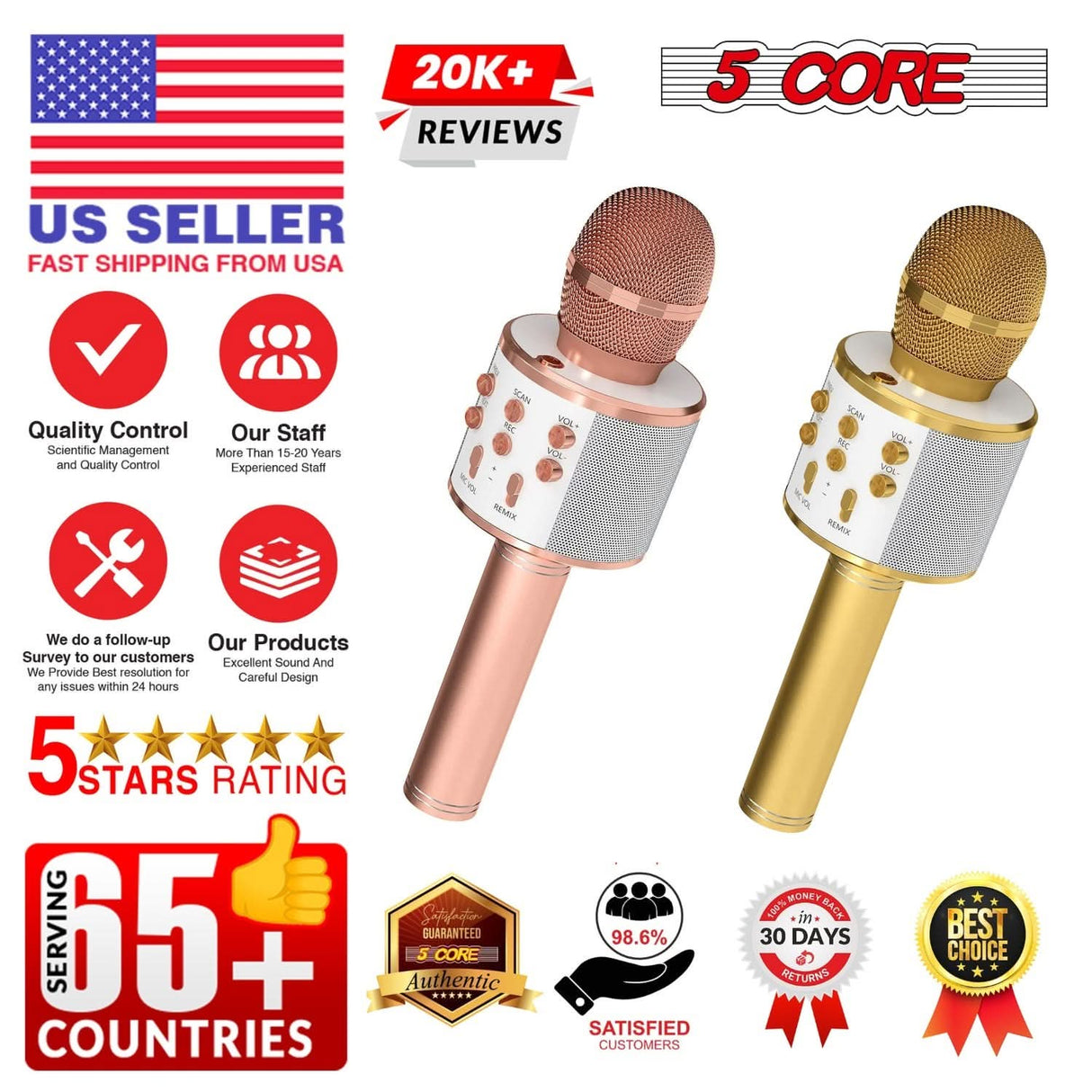 5 Core Microphone Wireless Karaoke Mic With Speaker 3 in 1 Portable Bluetooth Microfono Inalambrico COPPER & GOLD