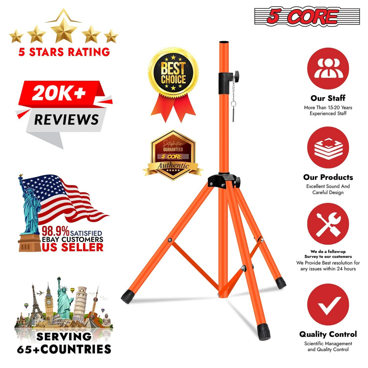 Heavy-duty orange floor speaker stand tripod with pole mount adjustable to 48 inch