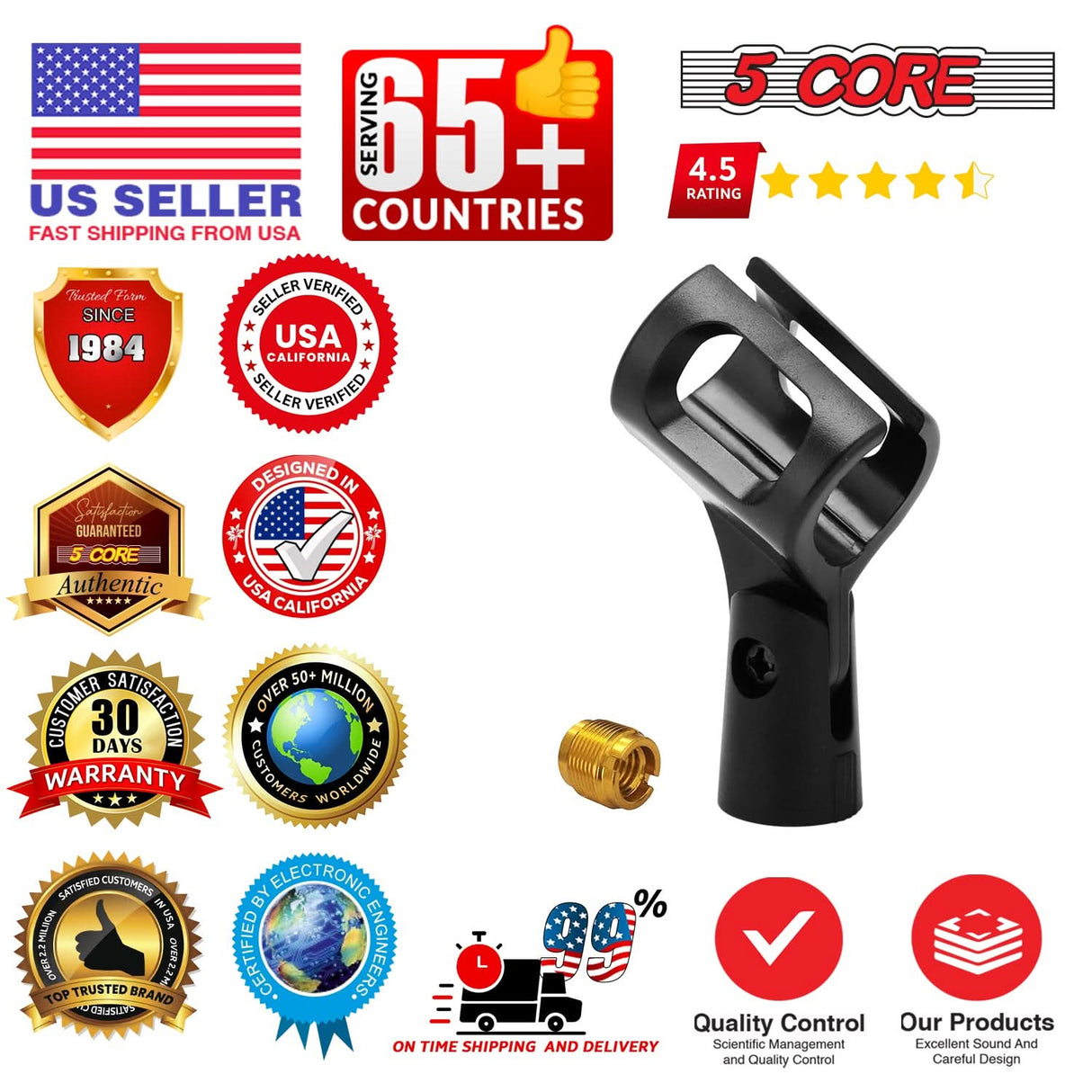 5 Core Microphone Clip Holder 2 Pieces with Screw Adapters 5/8 to 3/8 Inch