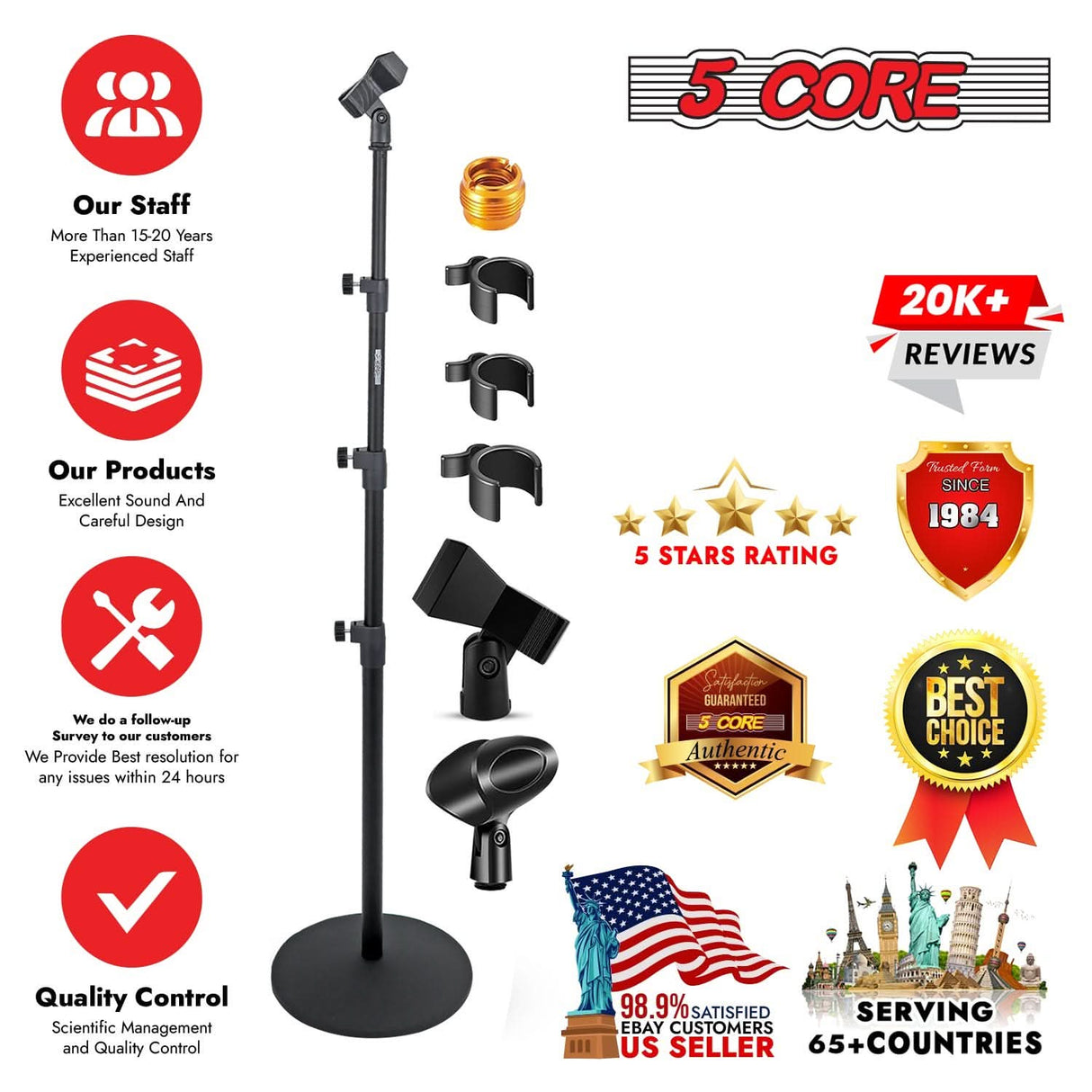 5Core Mic Stand Pair Floor Adjustable Universal Heavy Duty Microphone Stands Round Base Soporte De micrófono