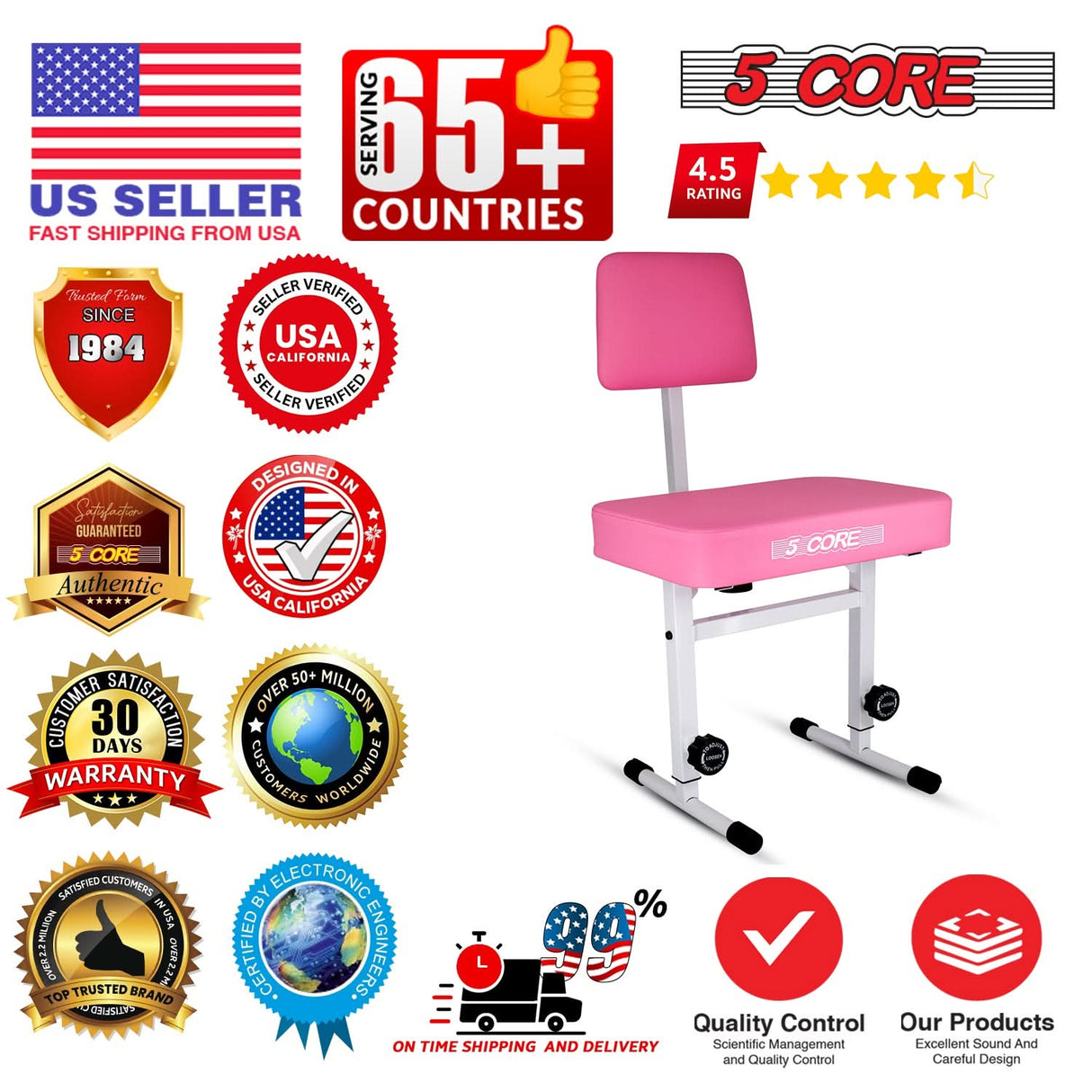 5 Core Piano Bench 3" Padded Cushioned Stool w Backrest Heavy Duty Musician Chair Height Adjustable
