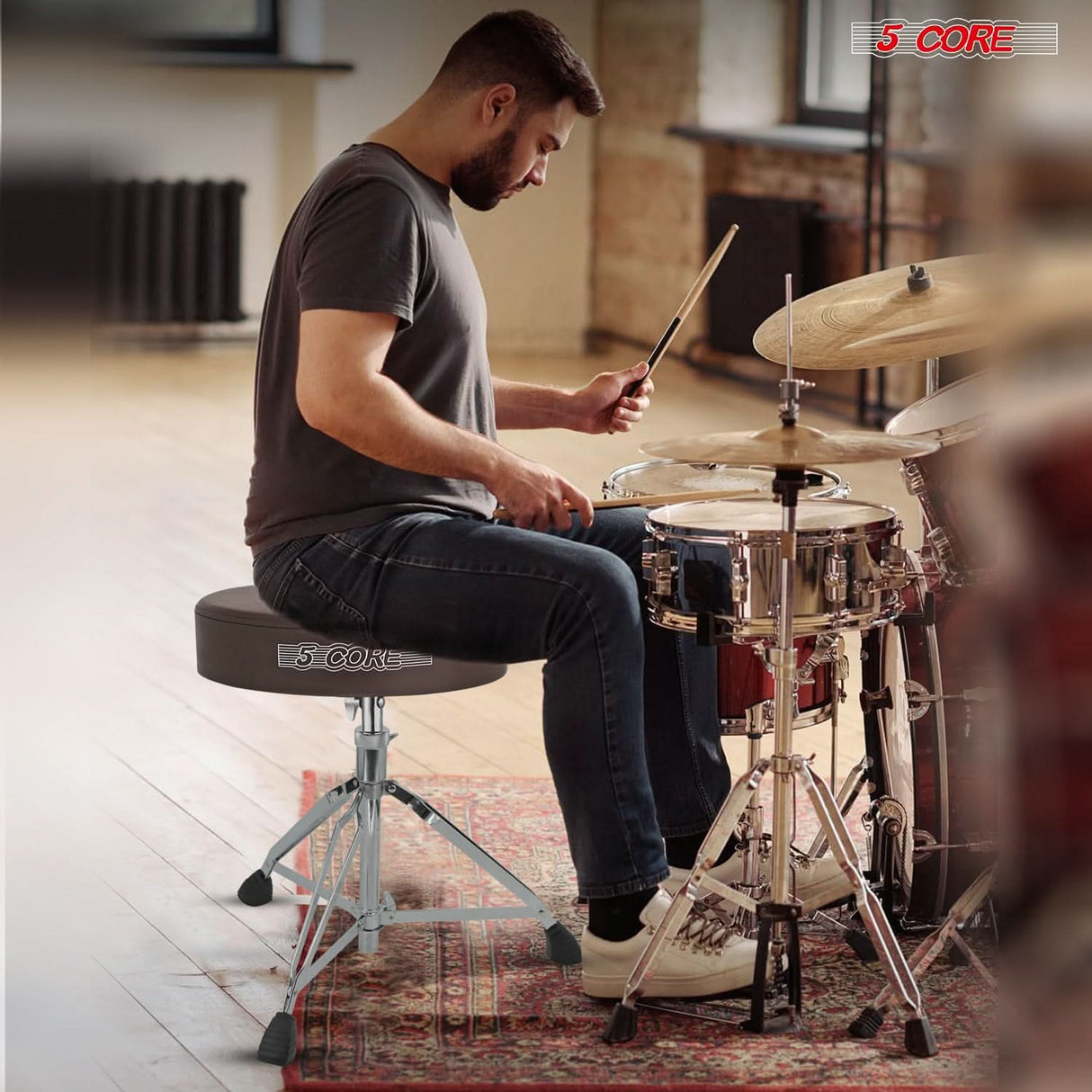 Comfortable padded stool with drum practice accessory