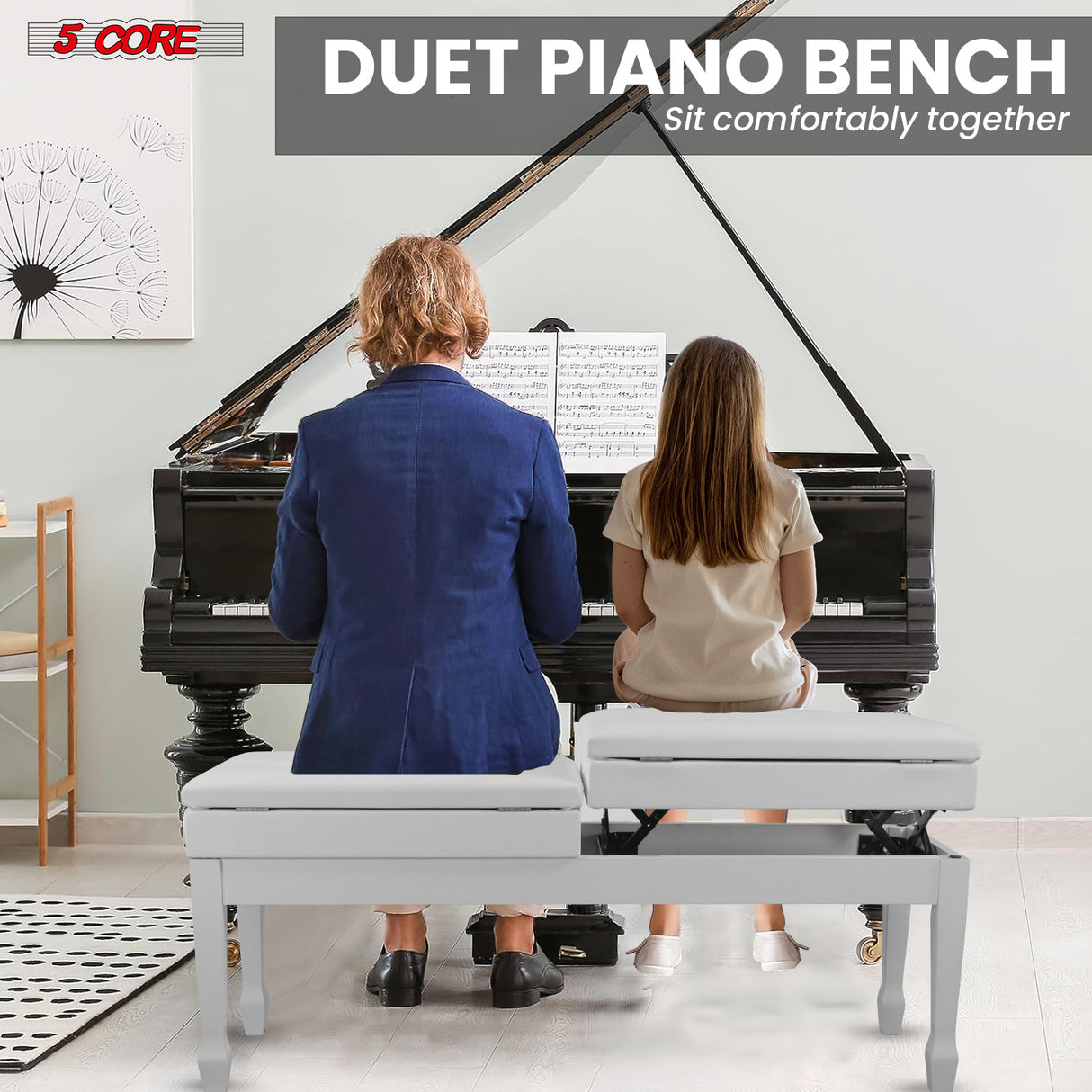 5 Core Duet Piano Bench 3.5 Inch Padded Cushioned Stool Wooden Heavy Duty Musician Chair w Storage