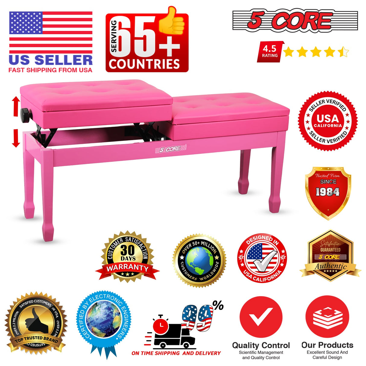 5 Core Duet Piano Bench 3.5 Inch Padded Cushioned Stool Wooden Heavy Duty Musician Chair w Storage