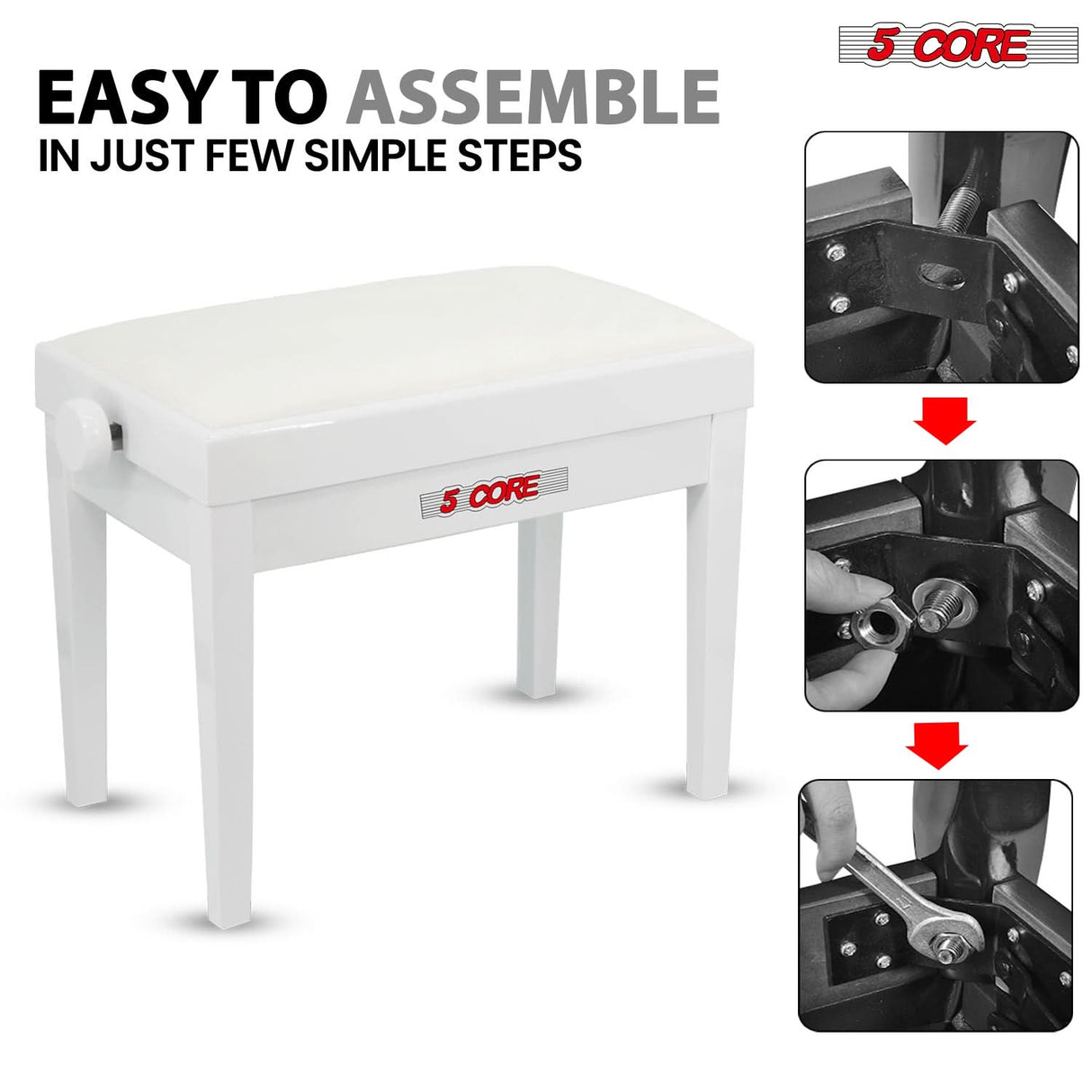 5 Core Adjustable Piano Bench Thick 3.25" Solid Wood Keyboard Stool Heavy Duty Musician Chair