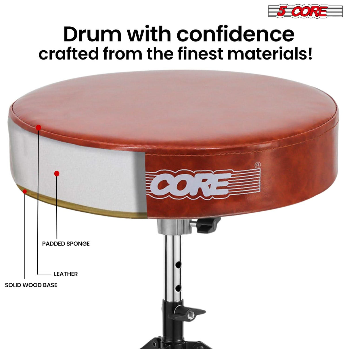 5 Core Drum Throne 3" Padded Drum Seat Height Adjustable Drumming Chair for Practice and Performance