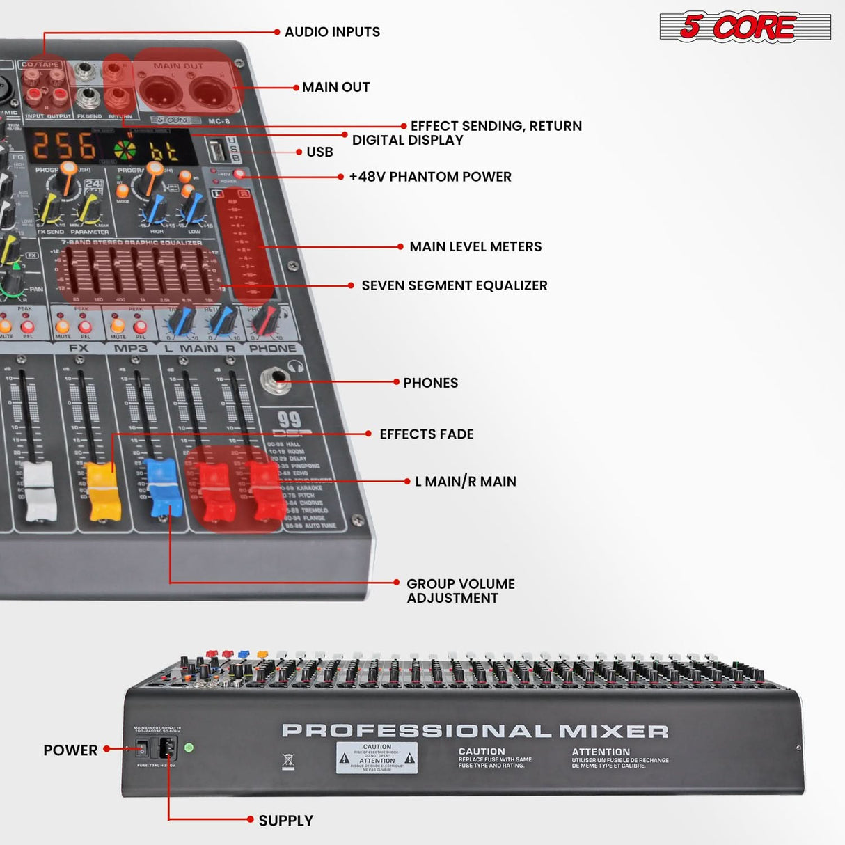 5 Core Audio Mixer 8 Channel DJ Soundboard USB Interface Bluetooth Mixing Console w 99 DSP Effect